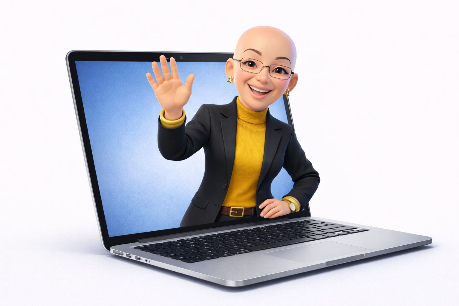 Diky, el asistente virtual de Equaltech, saludando con la mano desde la pantalla de un portátil