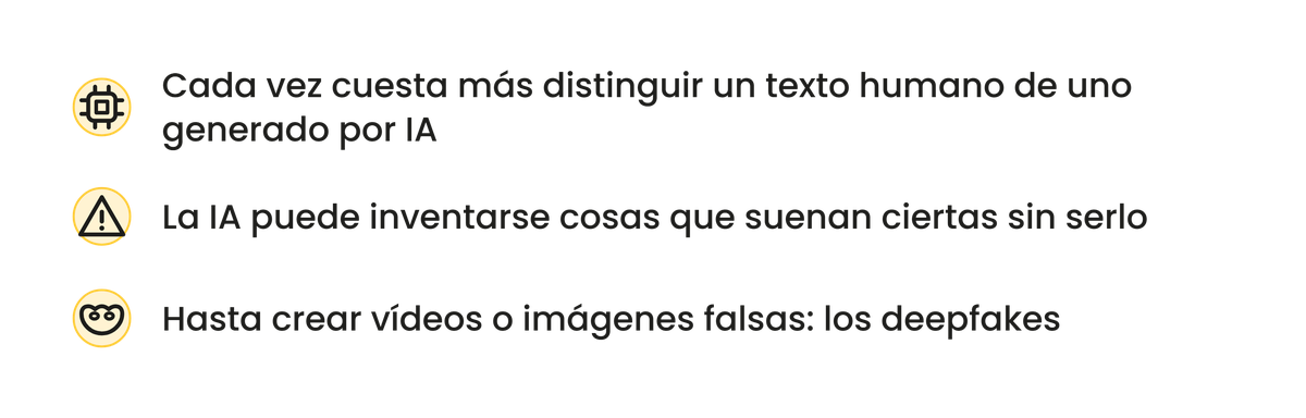 Infografía: tres riesgos de la IA — alucinar, inventar datos y deepfakes